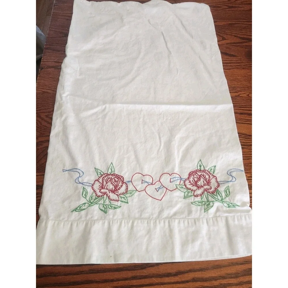 Set Of Two Vintage Heart Floral‎ Embroidered Pillowcases
